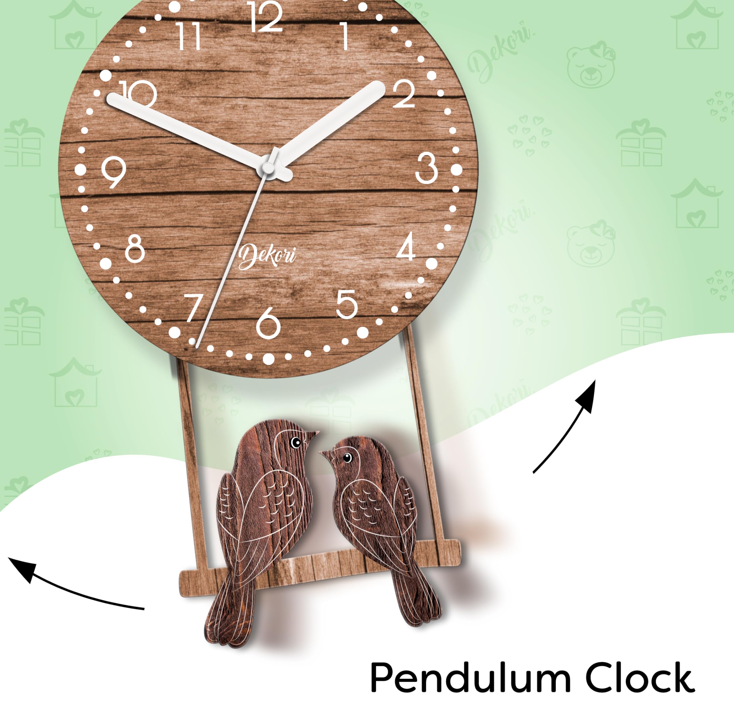 DEKORI – Orologio da Parete Design con Pendolo Oscillante, Uccellini in Legno Decorativi, Stile Naturale Moderno, Movimento Silenzioso, Spessore 8 mm, Made in Italy, 24x37 cm