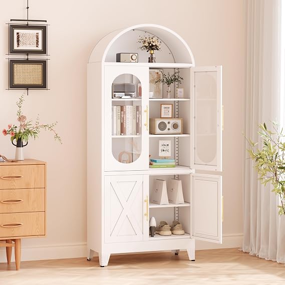 winiowa White Metal Arched Cabinet, 73'' Tall Kitchen Pantry Cabinet with Doors & 3 Shelves, Modern Farmhouse Storage Cabinets, Versatile Arched Bookcase for Kitchen, Dining Room