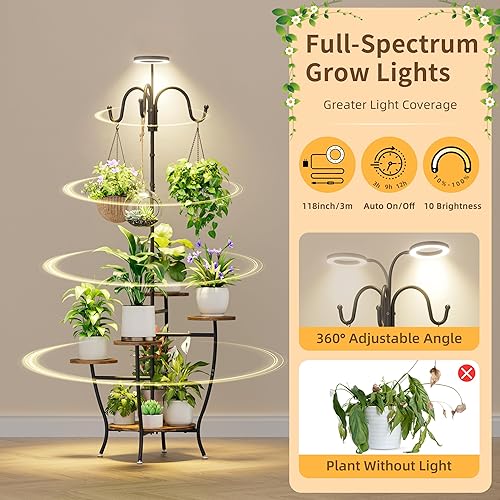 Miniatura 3 de Soporte para plantas de interior con luz de crecimiento, estante de plantas de 72 pulgadas de alto para interiores, soportes de esquina de 5 niveles