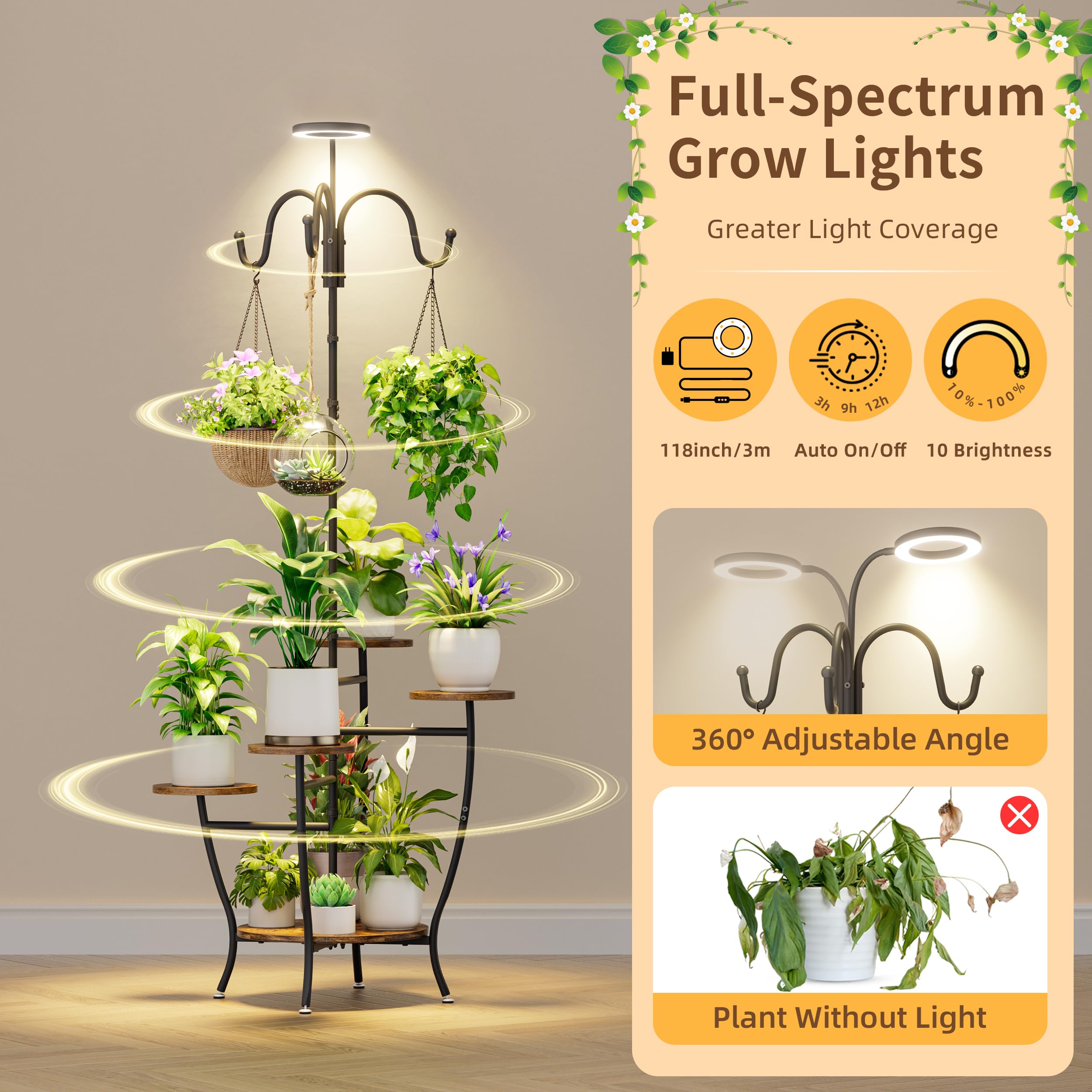 Étagère à Plantes 7 Niveaux Avec Lampes De Croissance – 120 Cm De Haut – Minuterie Et Luminosité Réglable
