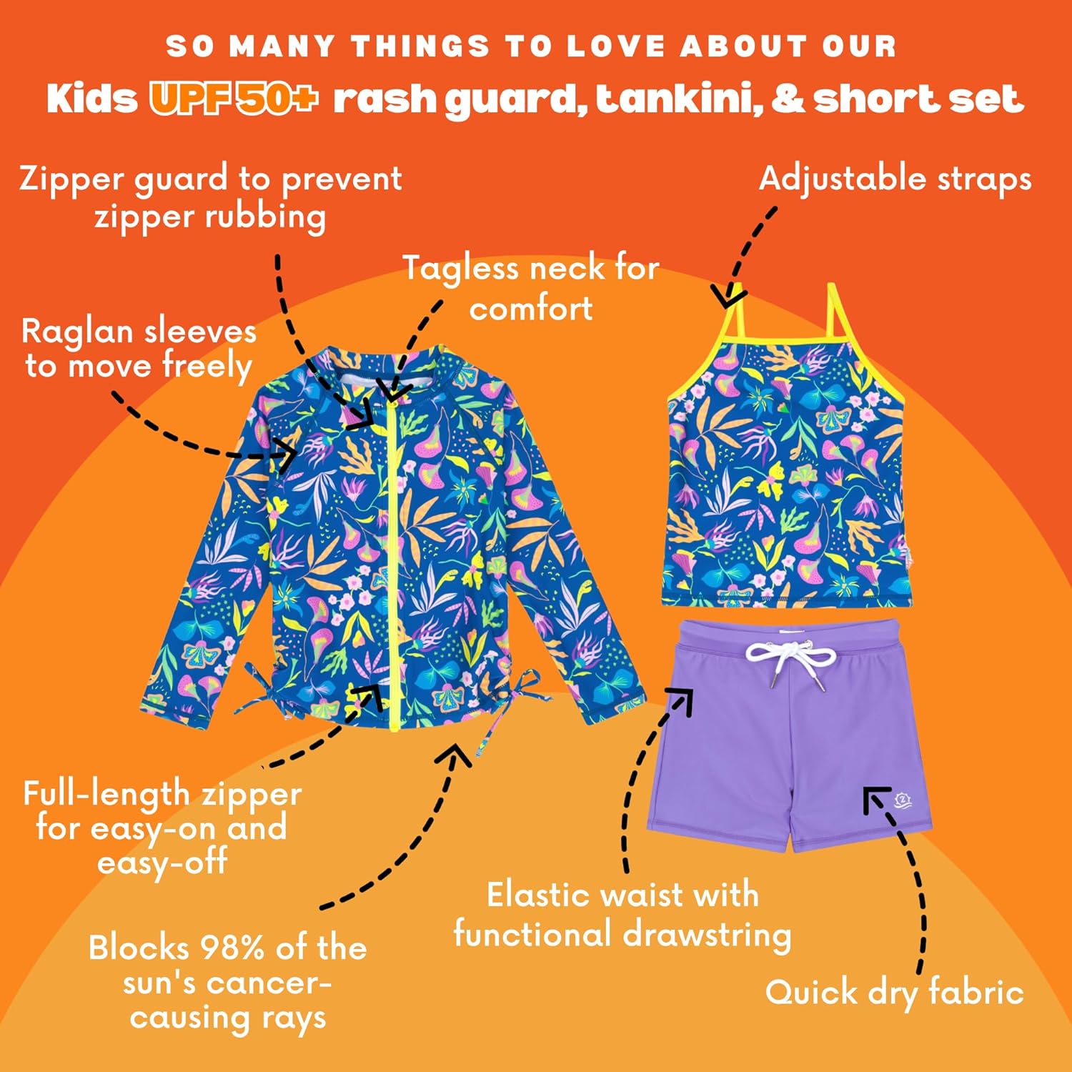 SwimZip Girls' 3 Pc Swim Set w/Long Sleeve Rash Guard, Tankini & Shorts UPF 50+ - Image 2