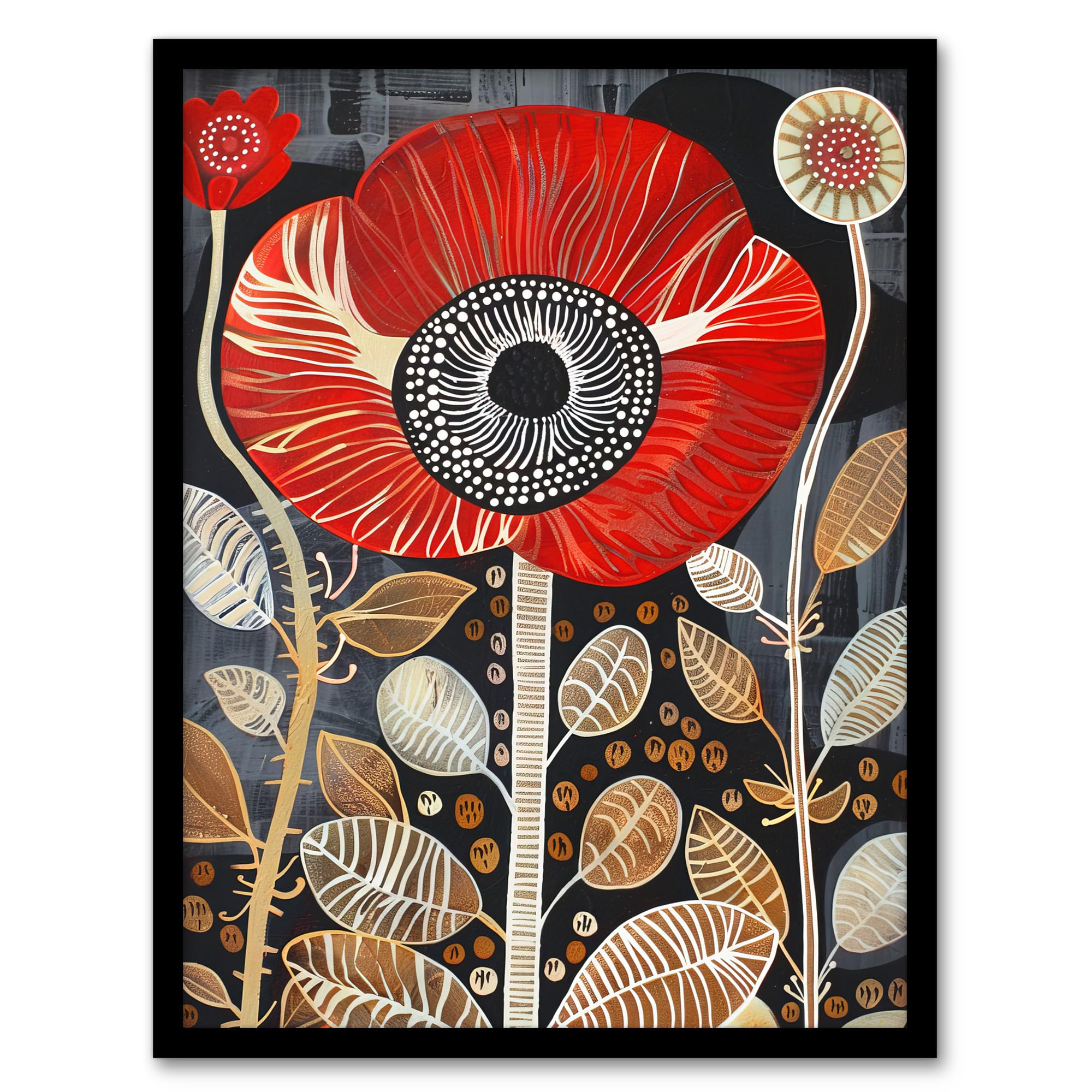 Artery8 Poppy Flower Red Gold Grey Modern Folk Art Living Room Artwork Framed Wall Art Print A4