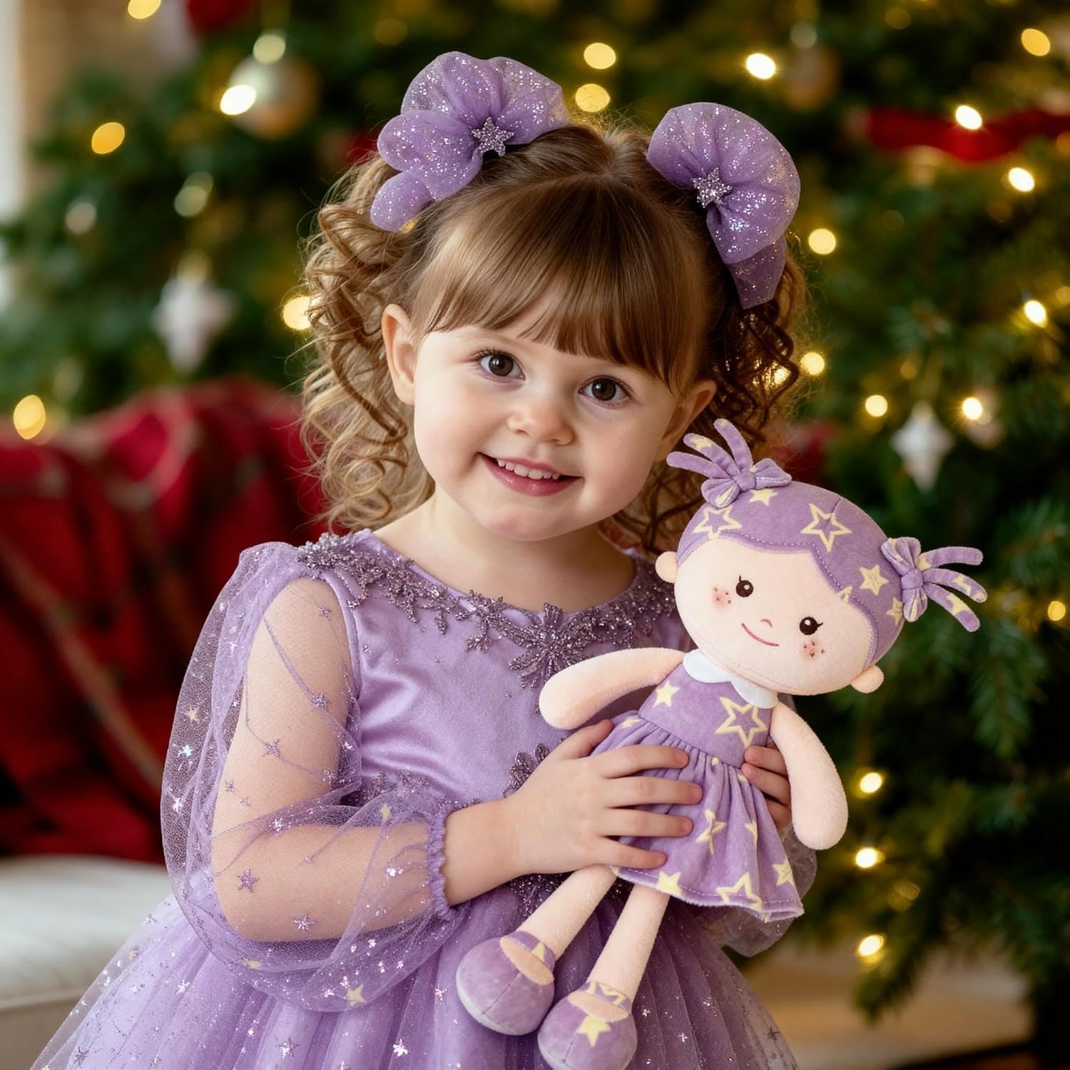 Onetoo Rag Doll Plush Baby Dolls Soft Baby Doll for Girls First Baby Doll Plush Sleeping Cuddle Buddy Doll Wear Star Purple Sleeveless Dress 14" - Image 5
