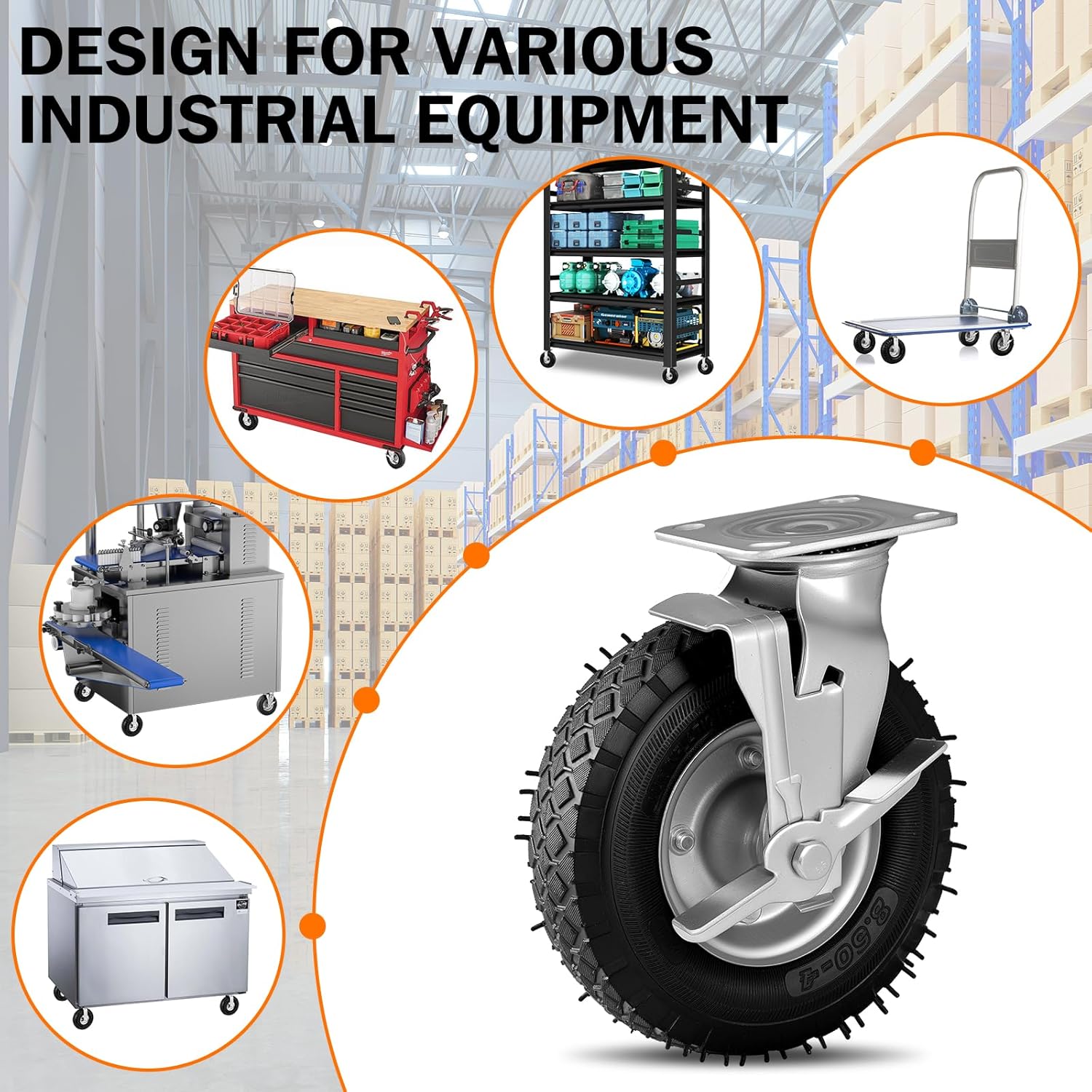 Pneumatic Casters 8 Inch 4-Pack, 2 Swivel (2 Brake) & 2 Rigid, Heavy Duty Casters 1200 LBS Capacity, Rubber Wheel for Workbench, Cart, Trolley,Wagon and Shelves