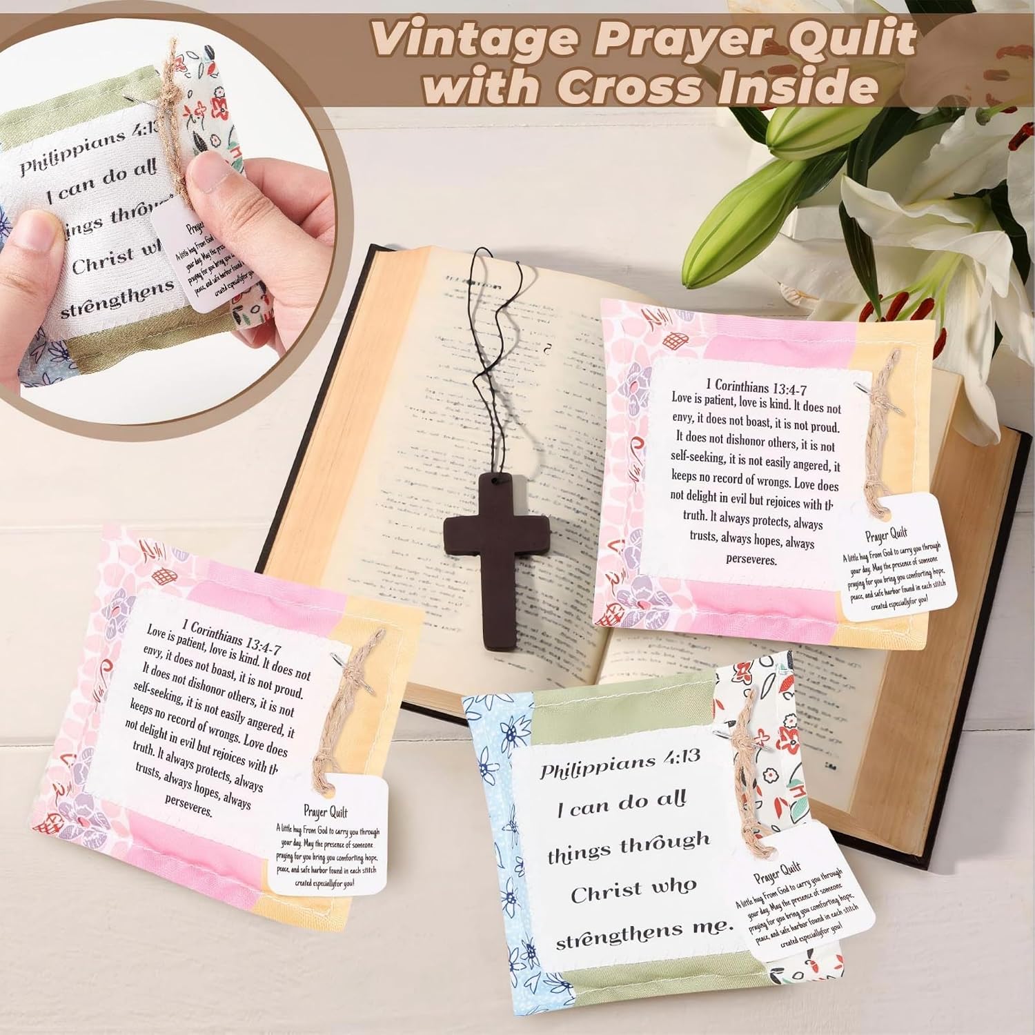 FOFOWHAT 2 Pcs Prayer Quilts with Cross Inside, Pocket Prayer Quilt Fabric Panel Quilt Squares, Encouragement Christian Gifts for Women, Religious Gifts for Mom, Pastor Appreciation Church
