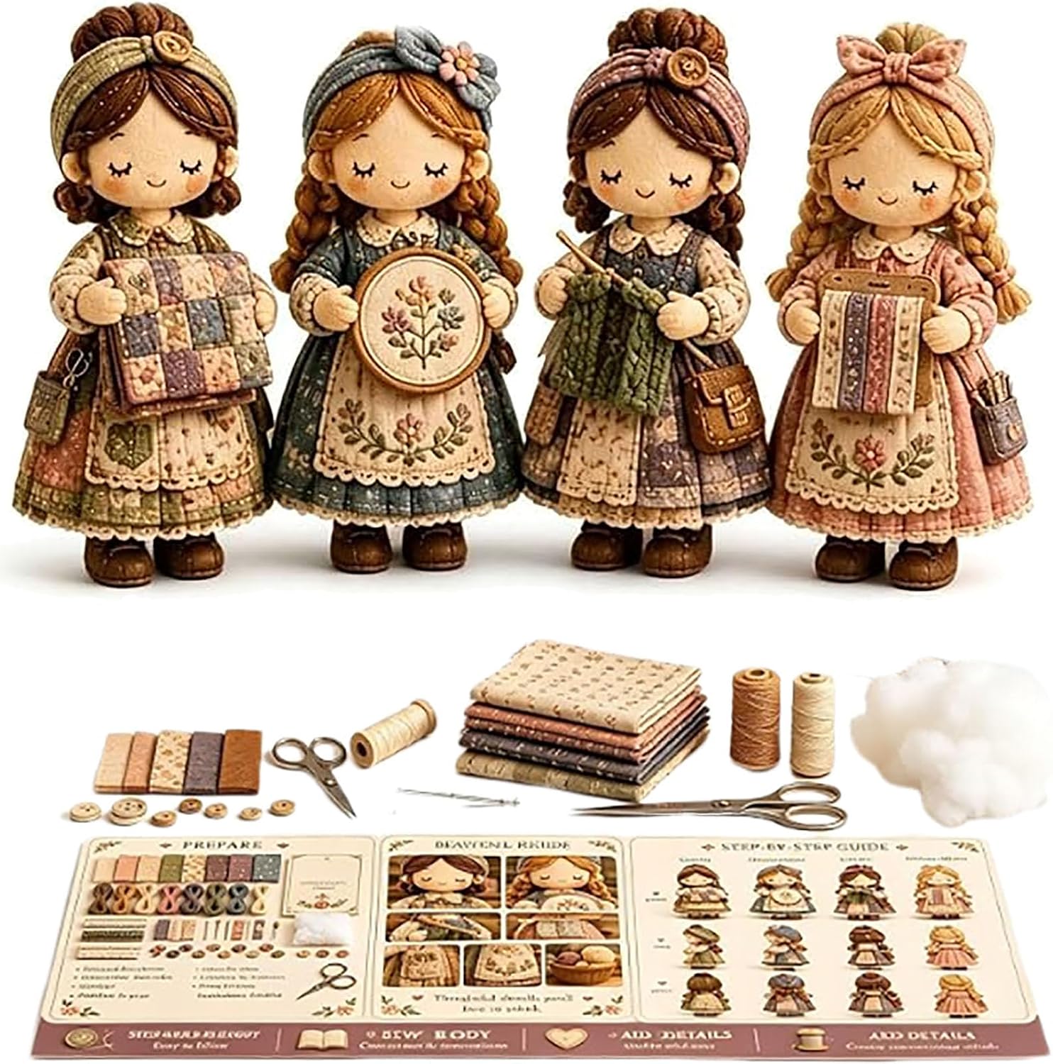 Tiny Worlds Collection – Patchwork DIY Kit Series, Patchwork Doll Kit with Full Materials and Instructions, Felt Doll Sewing Craft Kit for Beginners Holiday & Birthday Gift (#B)