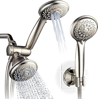 Hotel Spa AquaSpa 6-in-1 High-Pressure Shower Head/Hand Held Showerhead Combo with Two Overhead and Low-Reach Wall Brackets, 3-way Water Diverter & Stainless Steel Hose/Brushed Nickel Finish