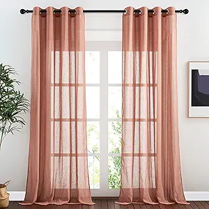 NICETOWN Linen Sheer Burnt Orange Curtains, Grommet Decorative Rustic Farmhouse Linen Blend Curtains & Drapes Privacy with Light Through for Bedroom/Living Room, W52 x L90, 1 Pair