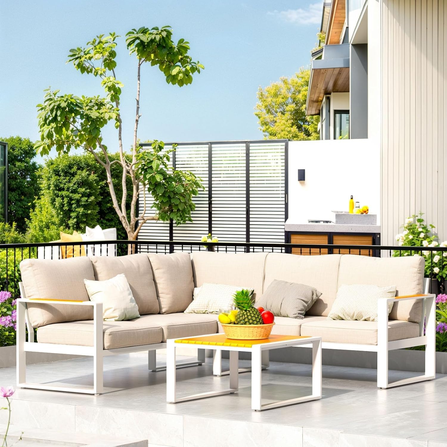 Aluminum Outdoor L Shaped Patio Sofa Set - All-Weather Modern Couch with Teak Desktop Table for Porch, Backyard, Deck