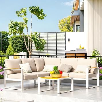 Outdoor Patio Furniture Set, Aluminum Sectional Sofa L Shape Conversation Sets, Modern Metal Patio Couch Sofa and Teak Desktop Aluminum Table for Patio, Porch, Backyard