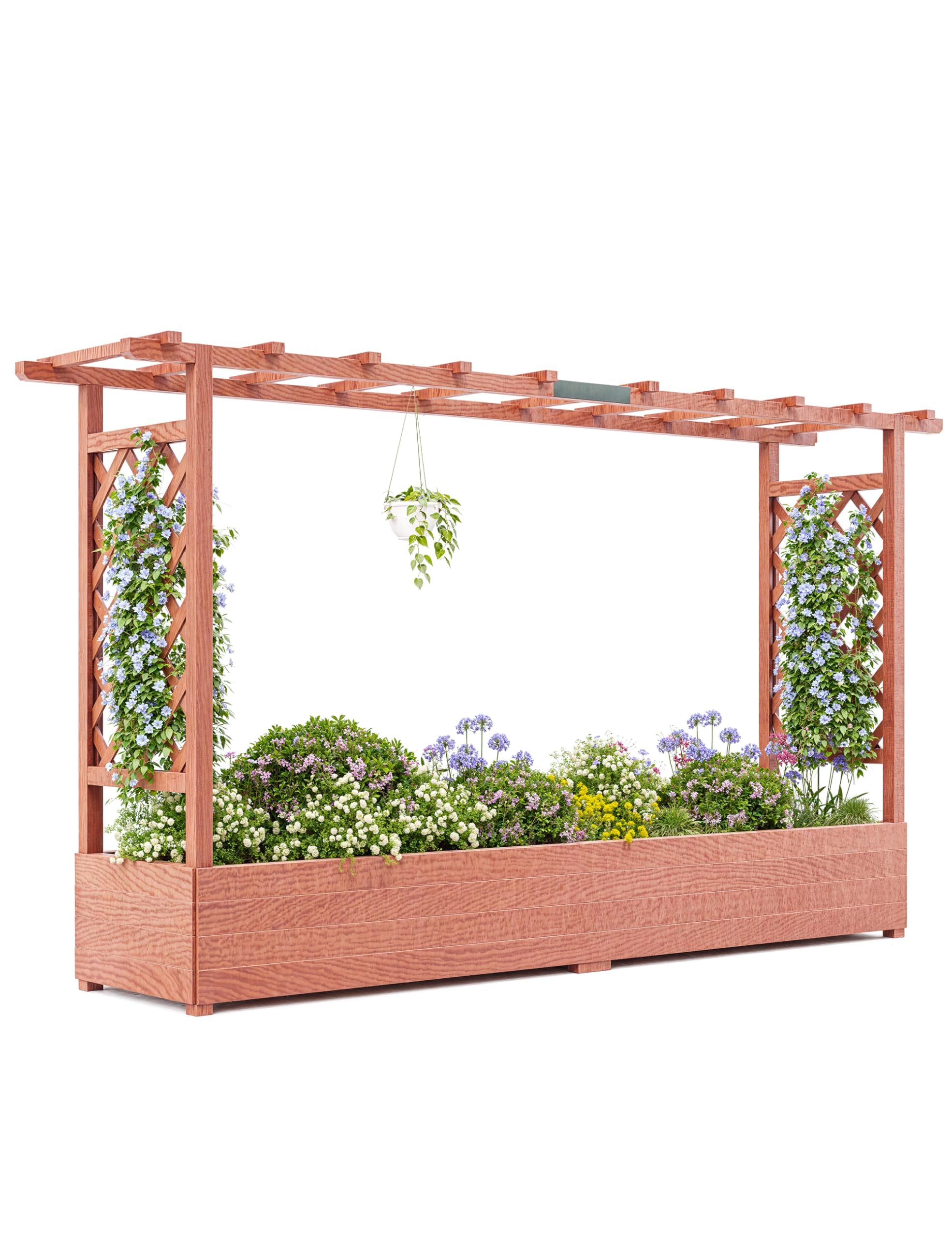Elevated Wooden Planter Box with Arch Trellis, Hanging Canopy, Side Supports, Raised Garden Bed with Drainage Holes for Climbing Plants, Flowers, Vines, Freestanding Outdoor Use, 200.5*44*113.5cm — image 1