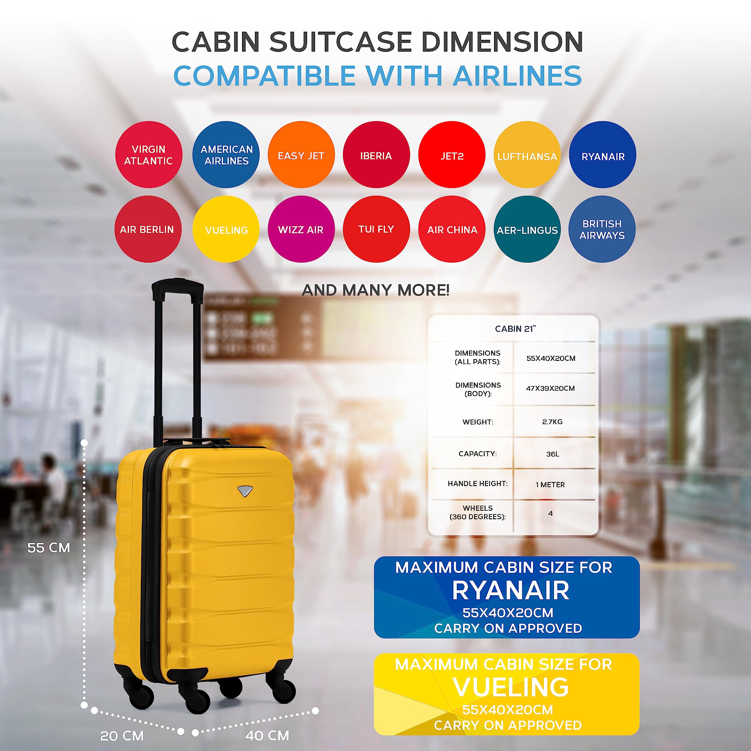 Flight Knight Cabin Suitcase 55x40x20 Ryanair Priority, EasyJet, Jet2 Lightweight Small Durable 4-Wheel Cabin Case, Carry-On for Over 60 Airlines, Hard Shell, 10kg Hand Luggage Bag (55 x 40 x 20 cm)