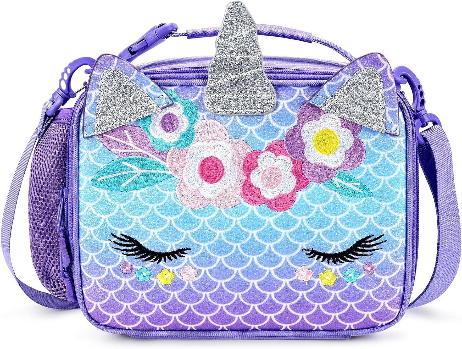 mibasies Unicorn Lunch Bag Kids Insulated Lunch Box for Girls with Water Bottle Holder and Shoulder Strap (Mermaid Blue Purple)