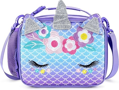 mibasies Unicorn Lunch Bag Kids Insulated Lunch Box for Girls with Water Bottle Holder and Shoulder Strap Mermaid Blue Purple