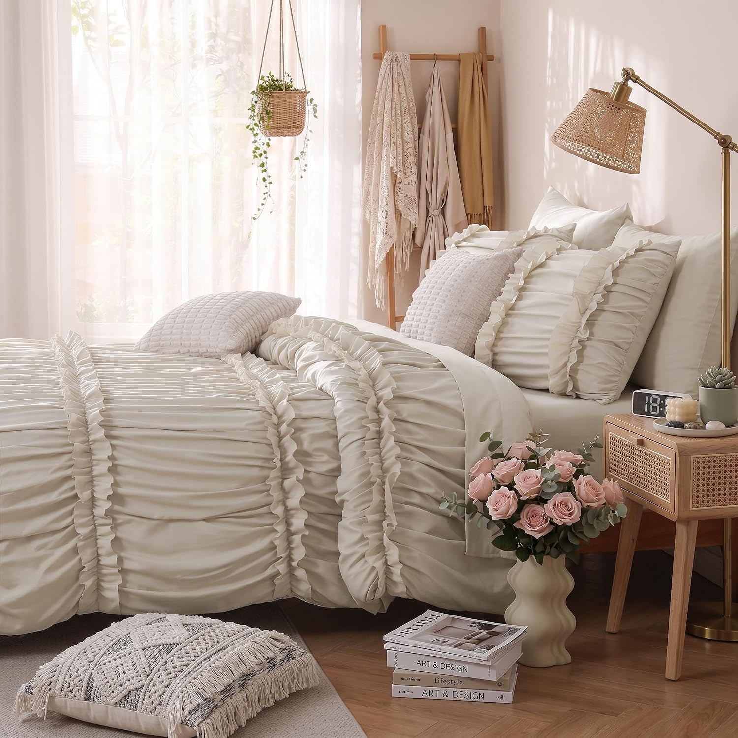 LIPA Ruffle Comforter Set, Ruched Bed in a Bag, 7-Piece, Queen, Cream
