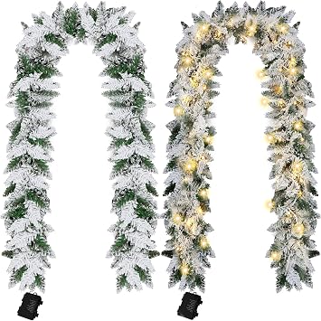 2 Pcs 9ft Pre Lit Snow Flocked Christmas Cedar Garland