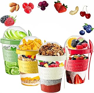 VL 4PCs Yogurt Pots Reusable 20 Oz Overnight Oats Container With Lid & Spoon BPA free Breakfast Pots to GO Cereal On the Go Dishwasher Safe Lunch Oatmeal Jars (Set of 4 Red, Cream, Green, Yellow)