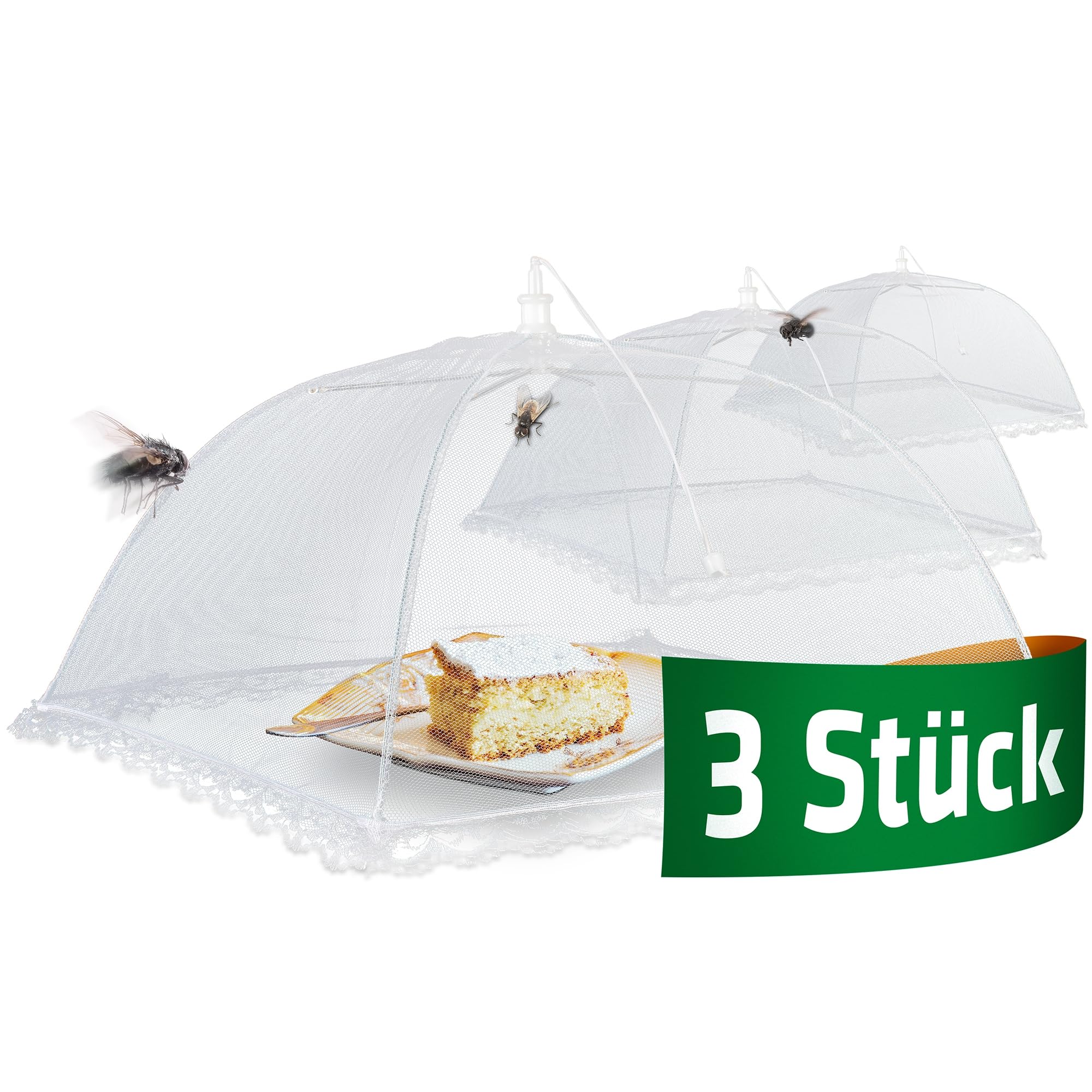 Gardigo® Osłona na muchy jak u babci, zestaw 3 sztuk, klasyczna ochrona przed owadami, kolor biały, osłona przeciw muchom i muszkom owocowym, na ciasto, na owoce, na imprezę ogrodową, bufet, żywność | Klasyczna ochrona ciast, misek na owoce, bufetów. Idea