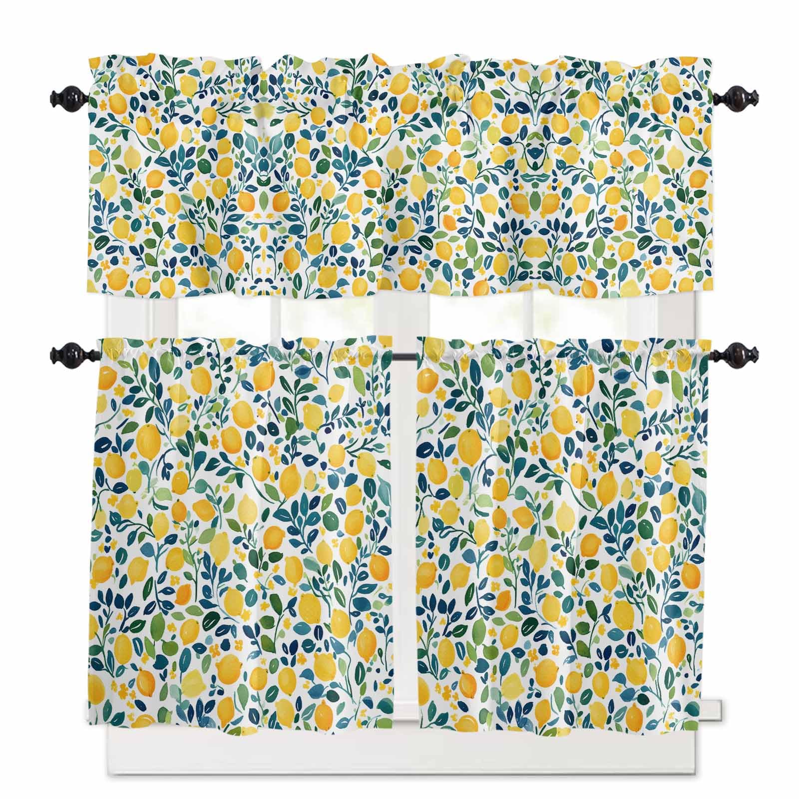Lemon Kitchen Curtains 36 Inch Length,3 Piece Rod Pocket Small Half Tiers and Valance Set,Orange Yellow Fruit Botanical Green Leaves Summer Small Large Window Treatment Decor for Bedroom/Bathroom