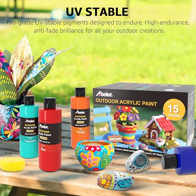 Set de Pintura Acrílica para Exterior ABEIER, 15 botellas de 8.45 oz (250 ml) cada una, Resistente al Agua y Rayos UV miniatura 6