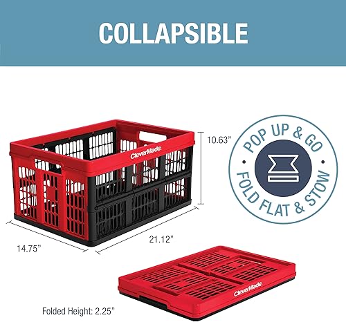 Miniatura 2 de CleverMade Caja plegable para uso general, color rojo, 1 unidad, 45 litros (11 galones), contenedores de almacenamiento plegables con capacidad para