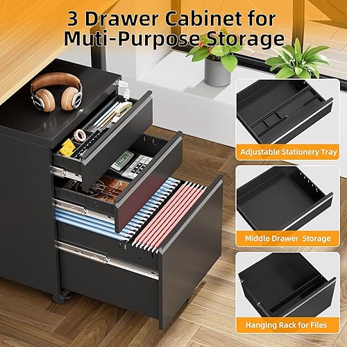 Miniatura 5 de INTERGREAT - Archivador de 3 cajones, gabinetes de archivo de metal con cerradura, gabinete móvil de oficina con ruedas para tamaño legalcarta,