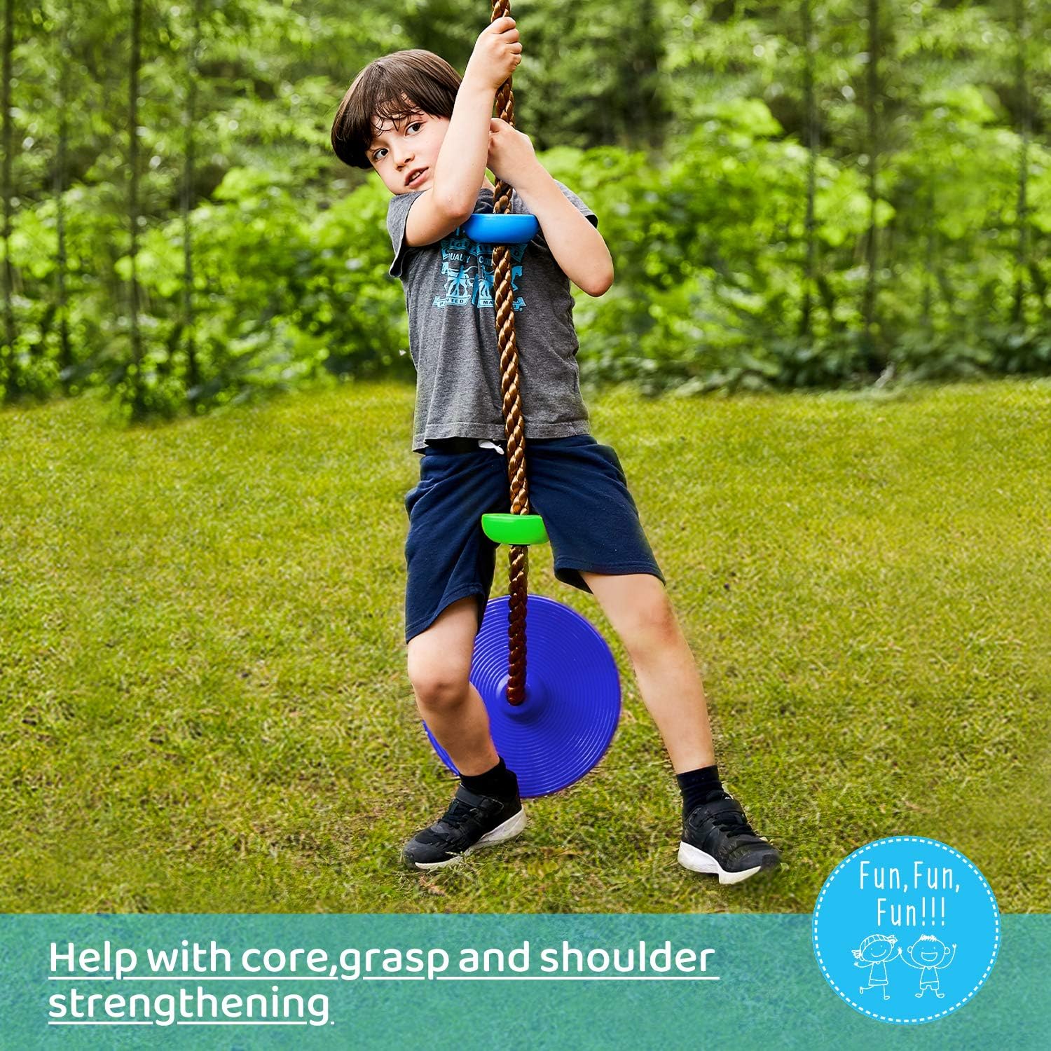 HAPPYPIE Climbing Rope with Platforms and Disc Tree Swing Seat, Children Playground Swingset Swings Accessories for Outdoor Inside, Saucer Swing Playset Toys-Blue