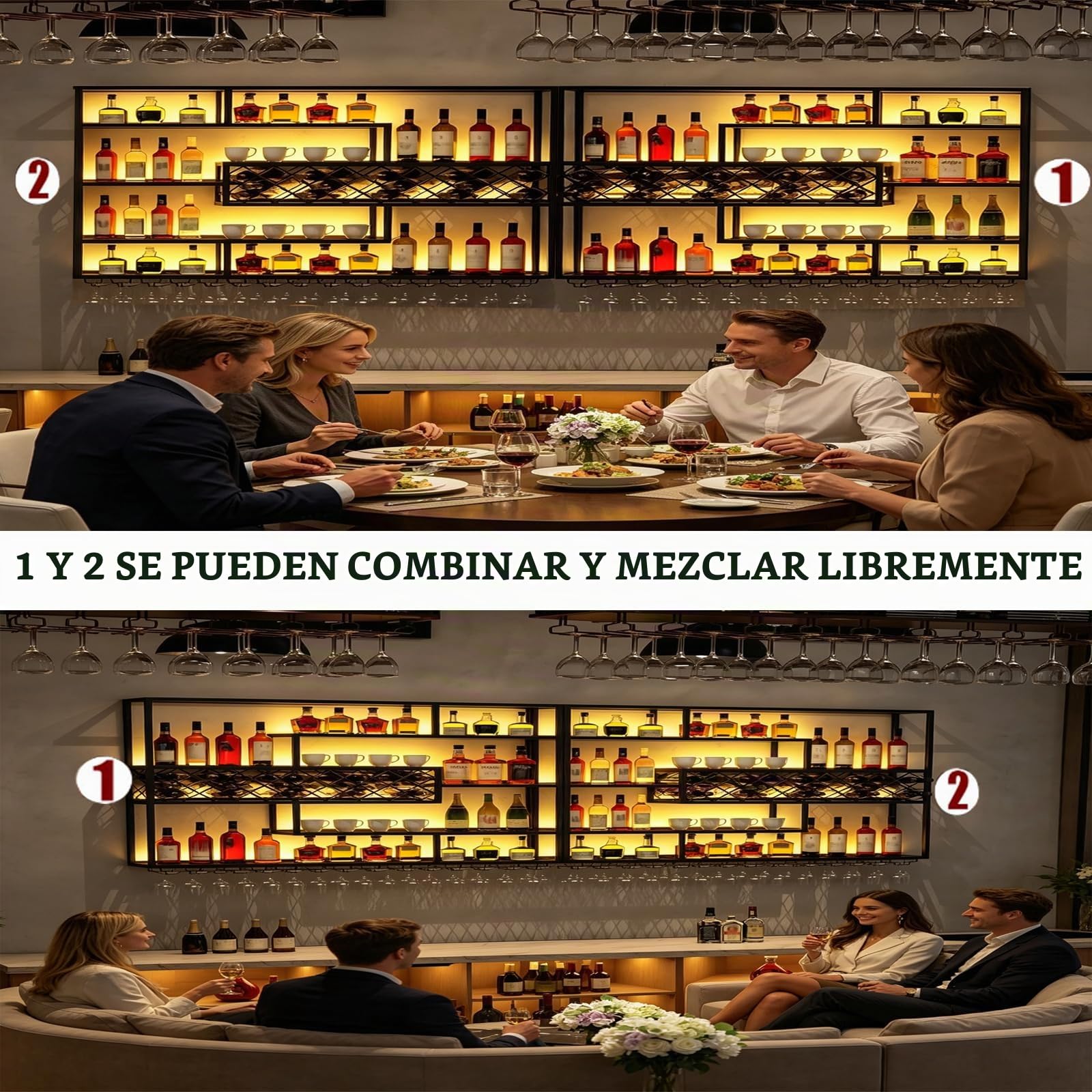 Estante de Pared para Vino con Rejilla y Luz LED | Botellero Industrial de Metal | 4Niveles con Soporte para Copas | Decorativo para Bar y Cocina(300CM)