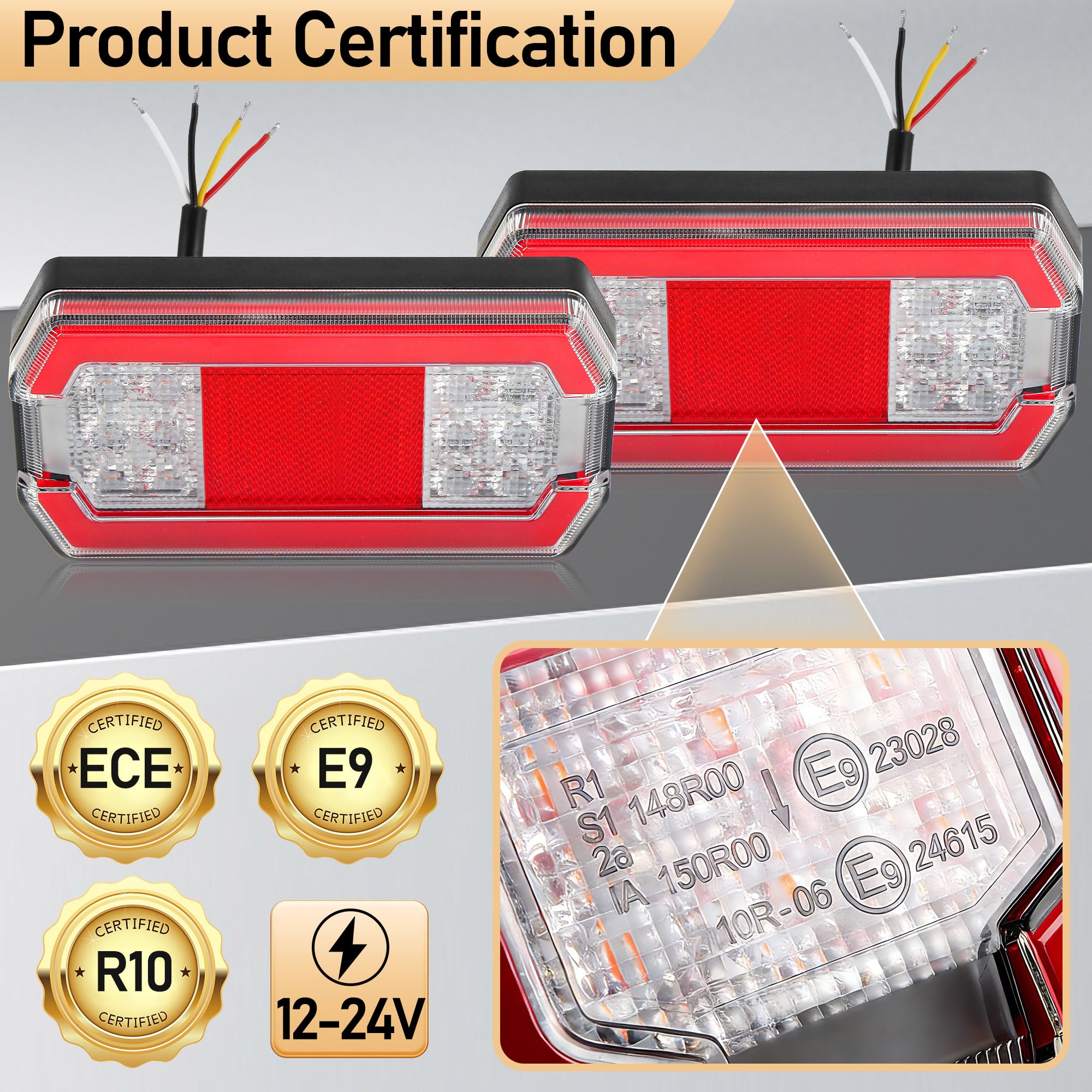 2 x Rettangolare Luci Posteriori Rimorchio LED 12V/24V Omologati E9 Luce Fanale Posteriore Impermeabile per Rimorchio Camion Trattore Caravan Barca, 4-in-1 con Luce di Posizione e Freno