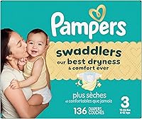 Vista 18 de Pampers Pañales Swaddlers, talla 3 (13-26 libras), 136 unidades, absorbentes, mantiene al bebé seco y cómodo, pañal desechable seguro para la piel