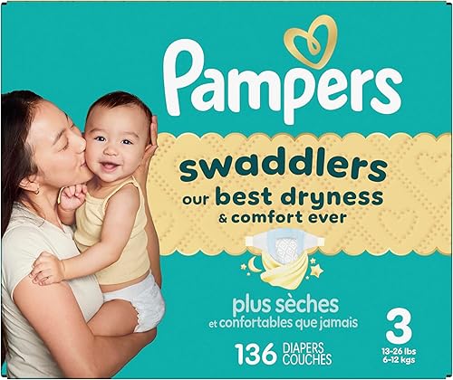Miniatura 18 de Pampers Pañales Swaddlers, talla 3 (13-26 libras), 136 unidades, absorbentes, mantiene al bebé seco y cómodo, pañal desechable seguro para la piel