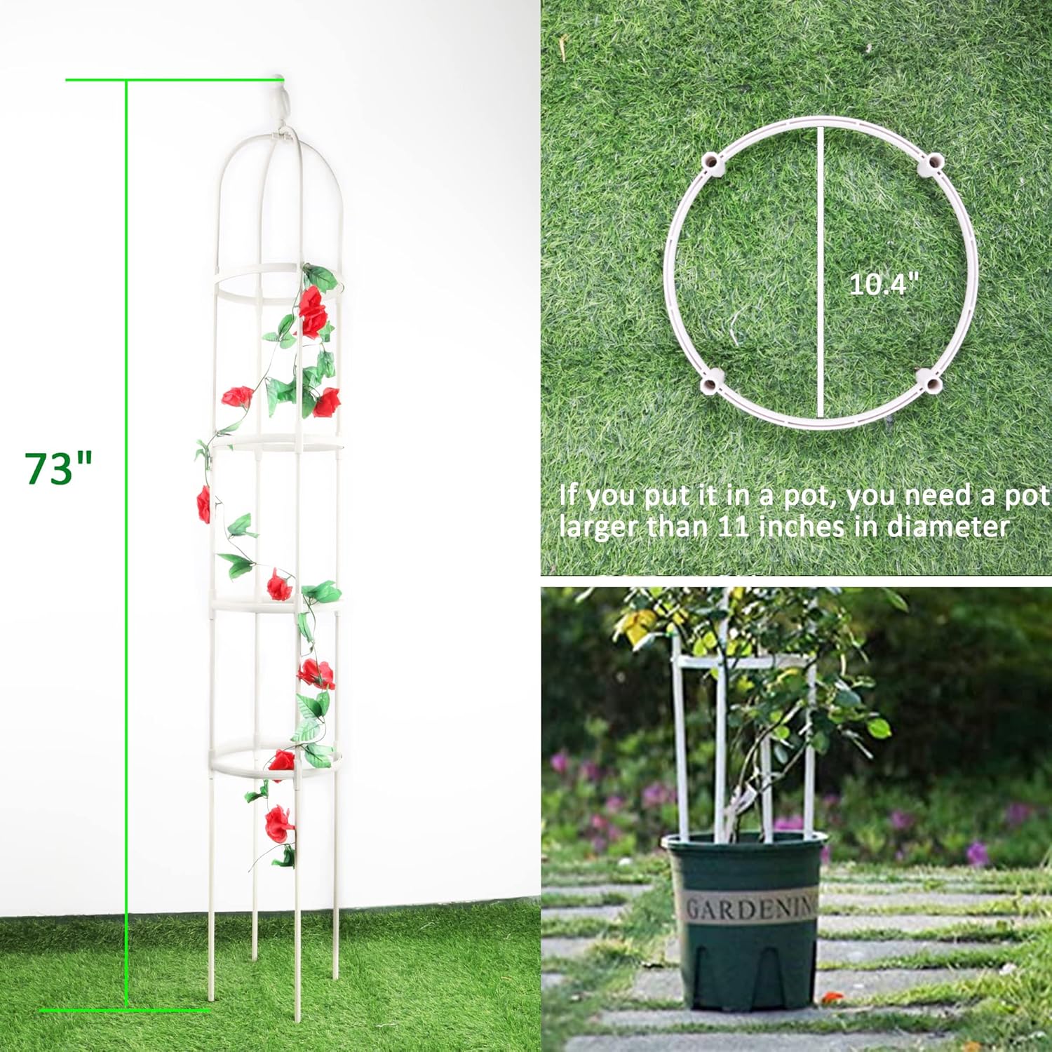 Garden Trellis for Climbing Plants, Rustproof Metal Pipe with Heavy Duty 6ft, Garden Outdoor Indoor Potted Plant Support（White）