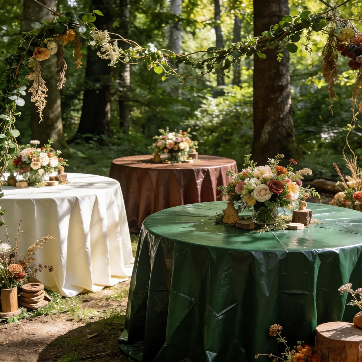 12 Pcs Round Woodland Tablecloths, Plastic Sage Green and Brown Table Cloths Plastic Disposable Tablecloth Cover for Bridal Wedding Woodland Birthday Baby Shower Gender Reveal Party Decorations