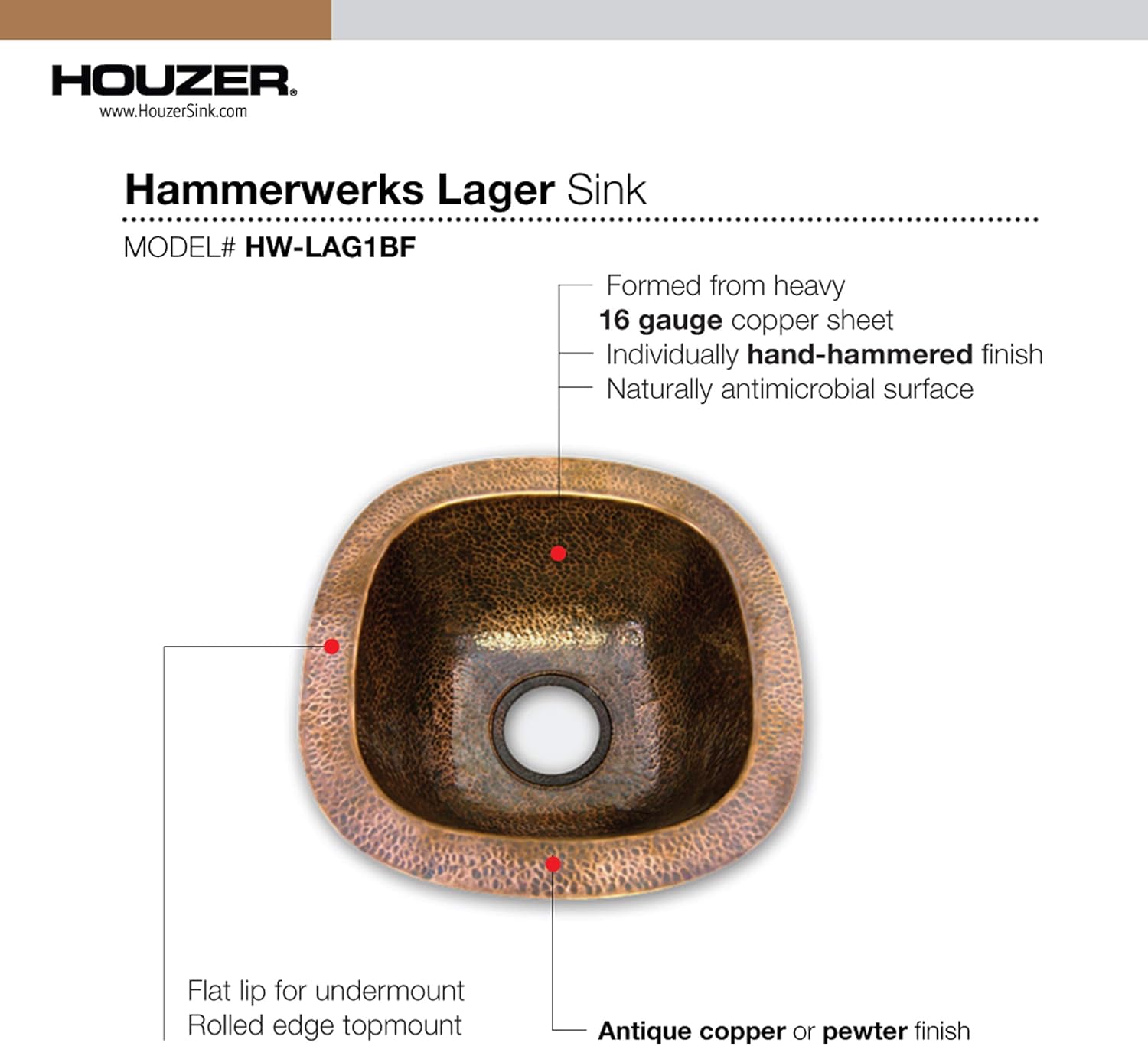 New Arrivals Houzer HW-LAG1BF Hammerwerks Series Undermount Copper Single Bowl Bar/Prep Sink, Antique Copper