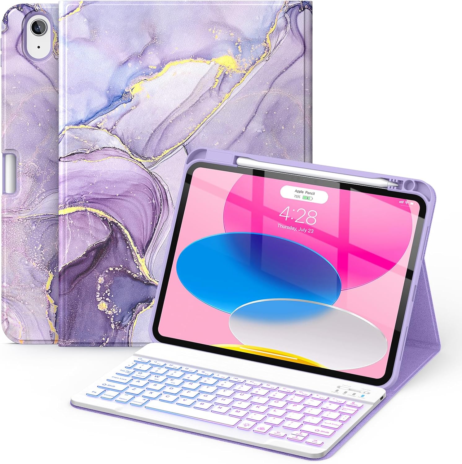 Soke Keyboard Case for iPad 11th(A16 2025)/10th Generation(2022),7 Color Backlight Wireless Detachable Keyboard Cover,Soft TPU Folio Stand with Pencil Holder for iPad 11/10.9 inch, Lilac Marble