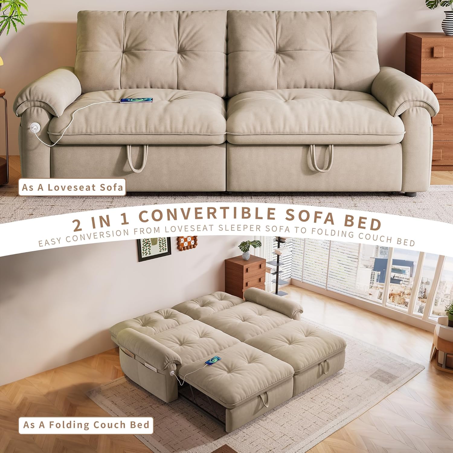 KEIKI 77" Modular Sectional Sofa with Pull-Out Bed, Convertible Sleeper Sofa Bed, 3-Seater Sleeper Sofa Couch for Living Rooms, Bedroom, Apartment, Brown