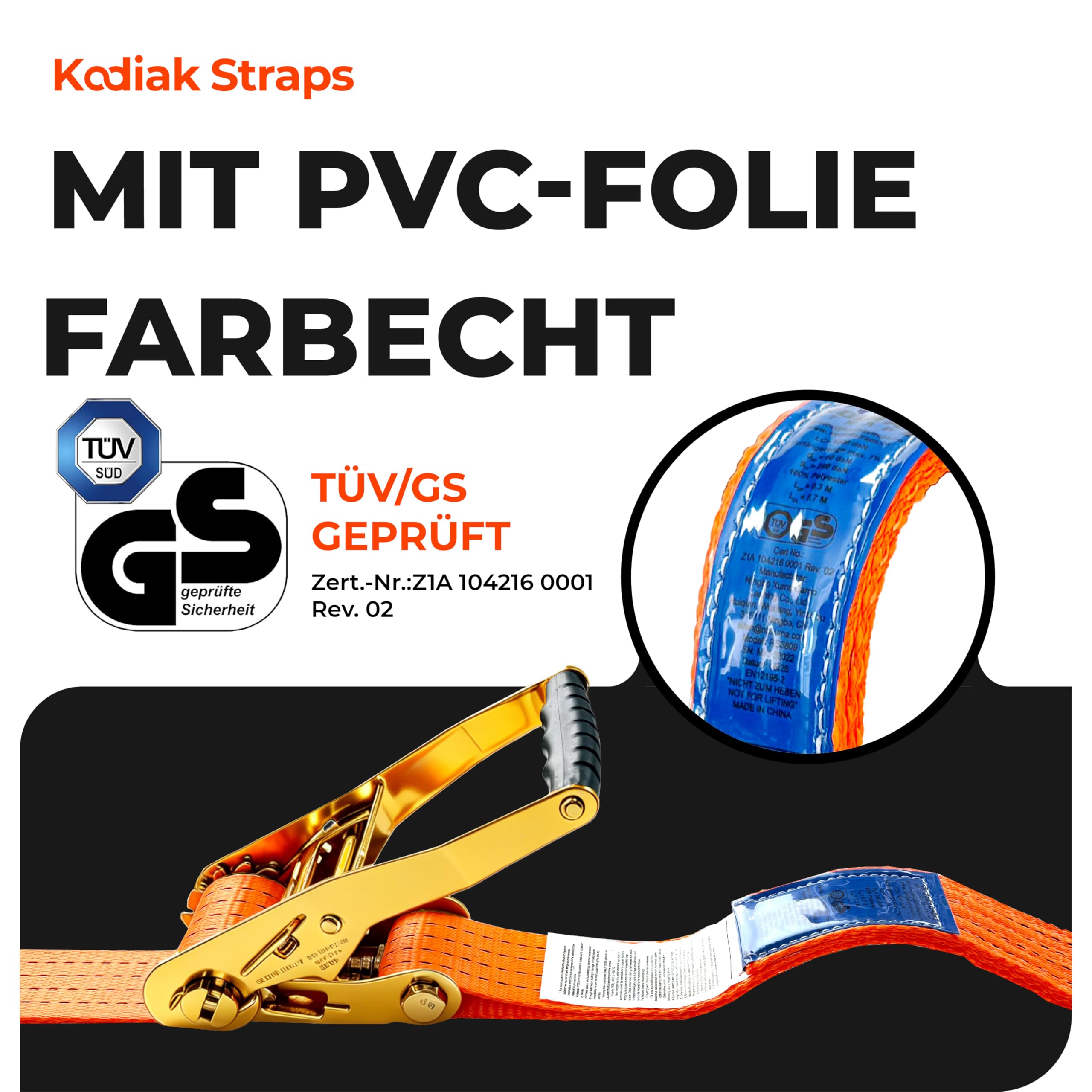 4 Stück Spanngurte 8m x 4000kg mit Ratsche und Haken - 50mm Zurrgurte mit Ratsche - Orange Ratschengurt für Ladungssicherung - TÜV/GS geprüft nach DIN EN 12195-2 - KODIAK STRAPS