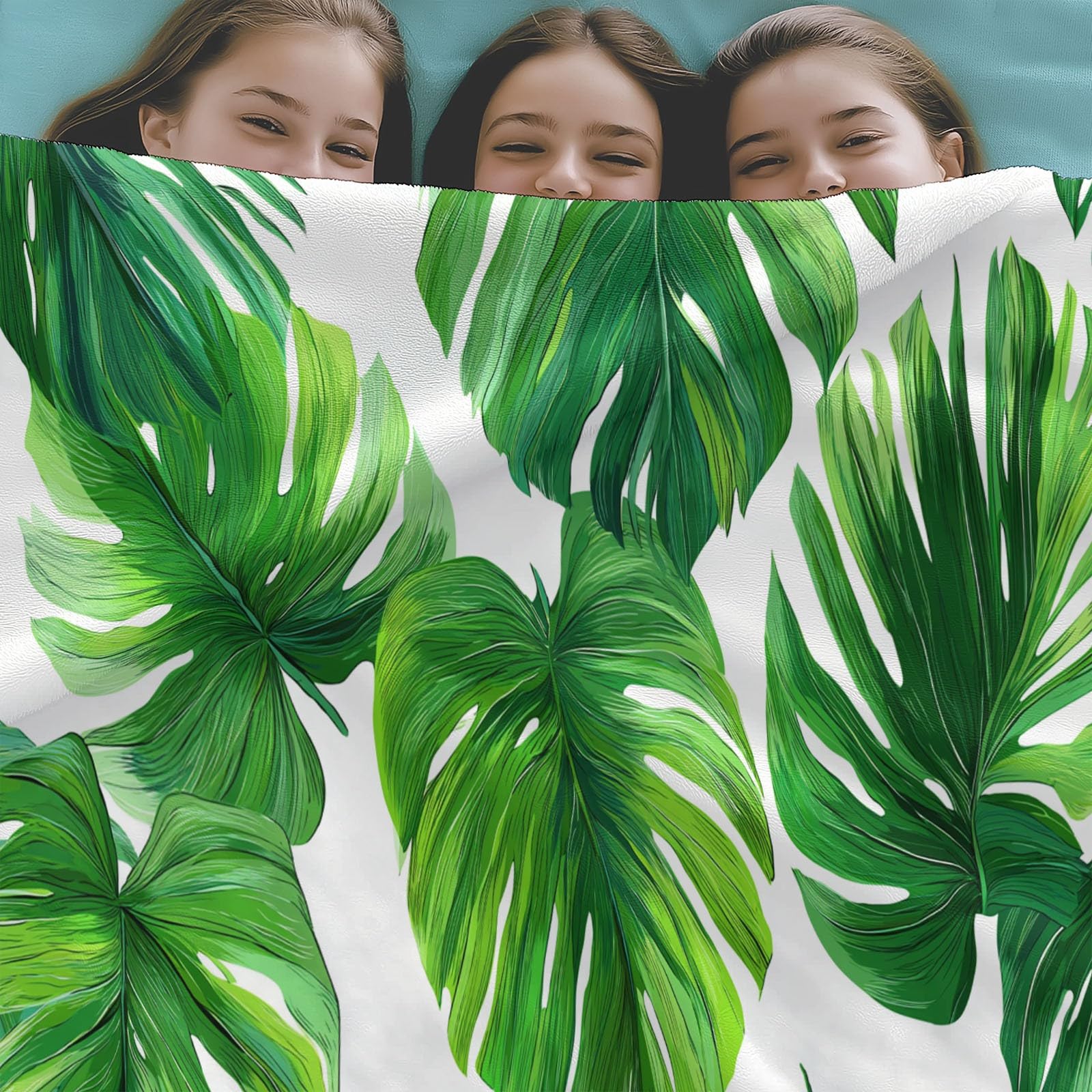 Coperta Plaid Pile in Flanella 180x220 cm Coperta Pile Piccola Tema Tropicale Verde Foglie, Morbida Soffice Calda Coperte per Divano Singolo Matrimoniale Letto Bianco
