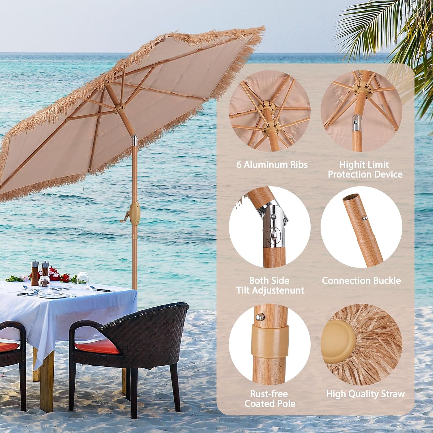 7.5ft Hula Thatched Tiki Umbrella Patio Beach Umbrella with Tilt&Crank for Beach, Outdoor