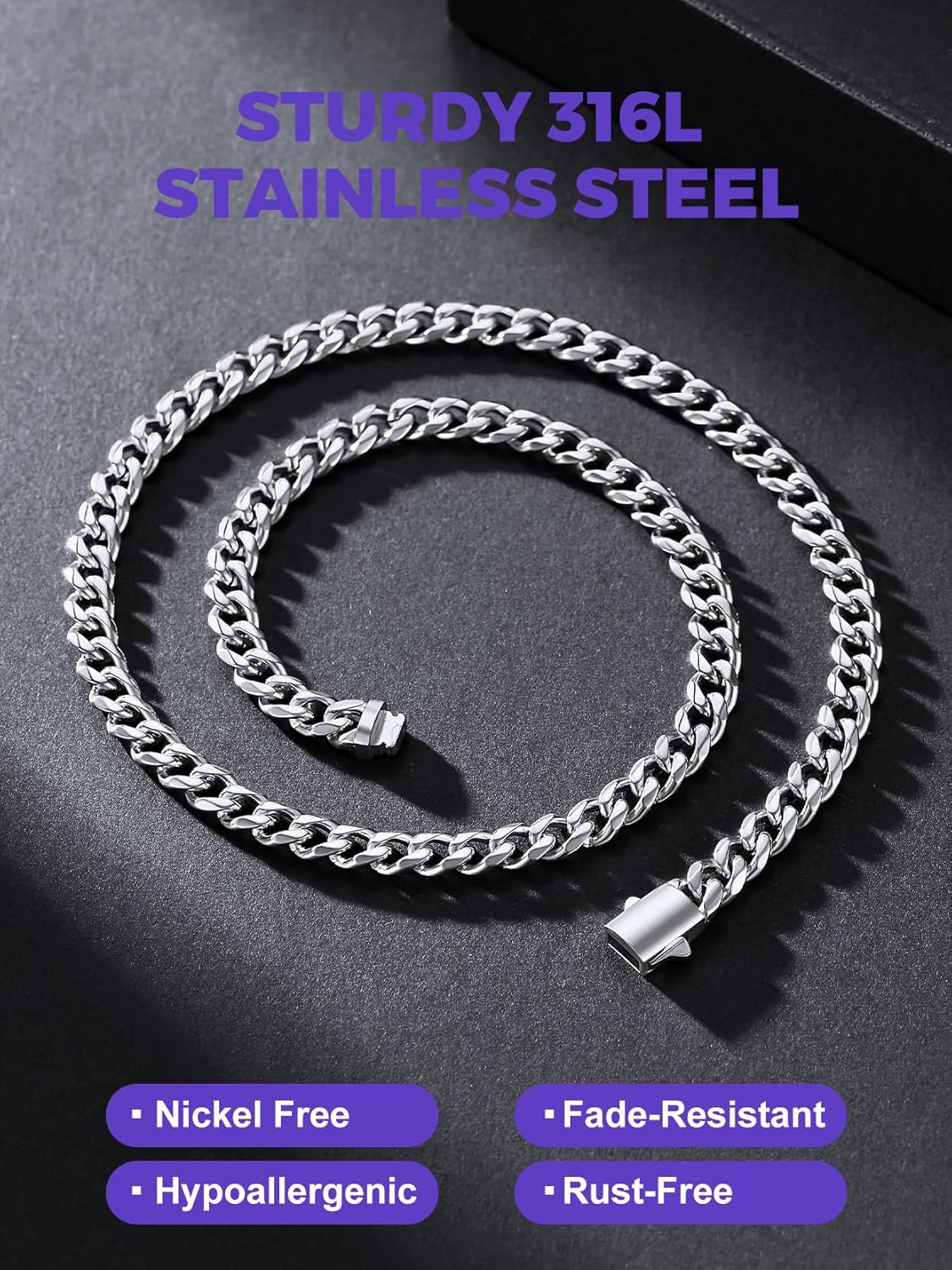 Richsteel Cuban Link Chain for Men, Mens Stainless Steel Miami Curb Chains Necklace 6/9/12mm Width Gold/Silver/Black Plated Non-Tarnish Trendy Jewelry 18-30 Inch - Image 3