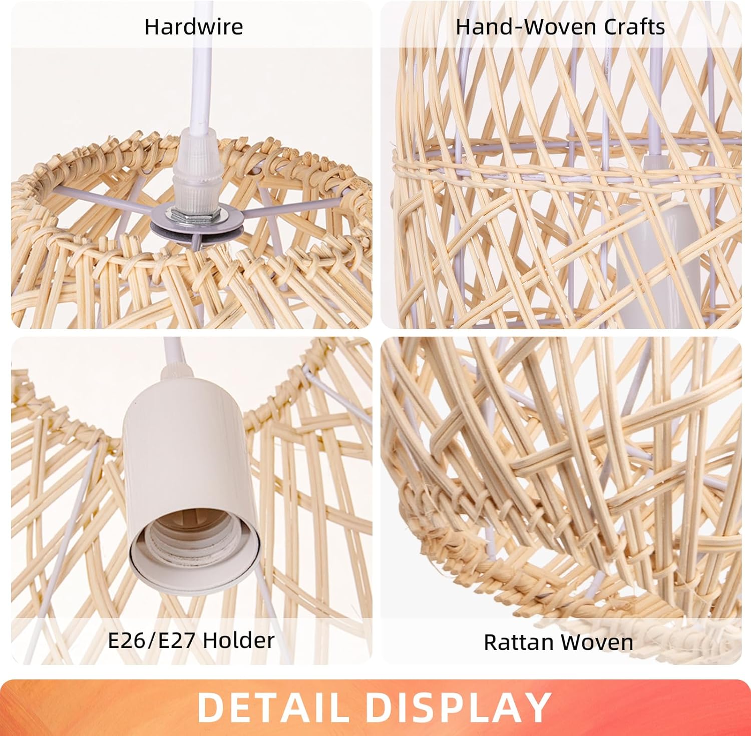 Arturesthome 1 Light Natural Rattan Pendant Light, Woven Chandelier Pendant Lamp Shade, Hanging Ceiling Light, Handmade Lampshade for Bar Hallway D 9.8"* 23.2"