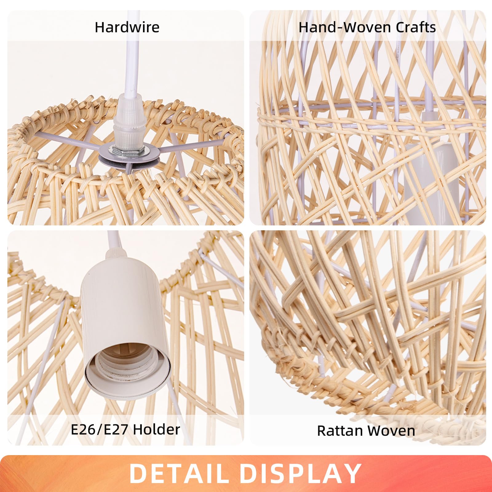 1 luz de ratán natural luz colgante, lámpara colgante de lámpara de araña tejida, lámpara colgante de techo, pantalla hecha a mano para bar pasillo D 9.8 x 23.2 7