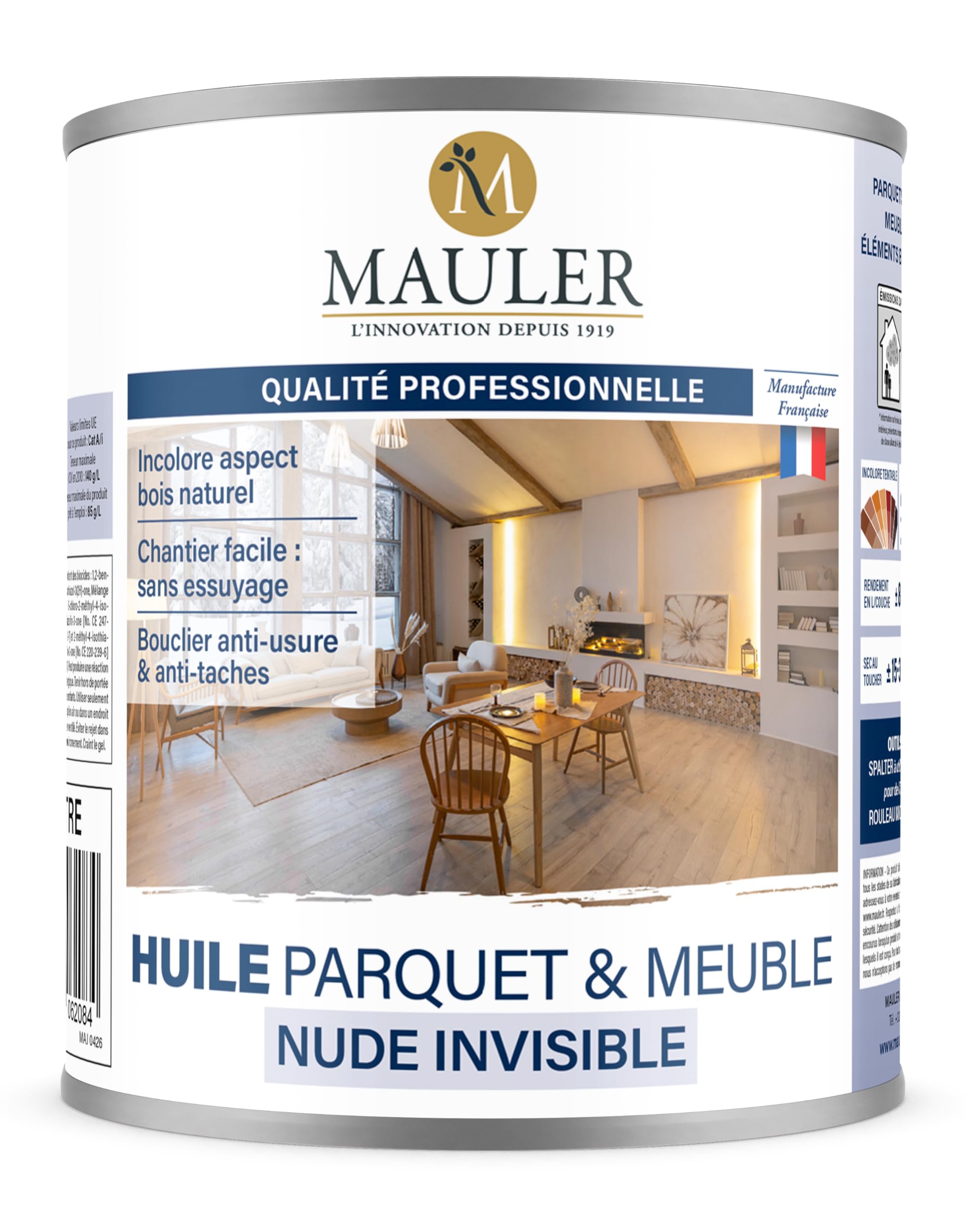 Huile Parquet et Meuble Bois Nude Invisible - 1L Incolore Ultra Mat - Protection rayure, tache, usure - MAULER Professionnel