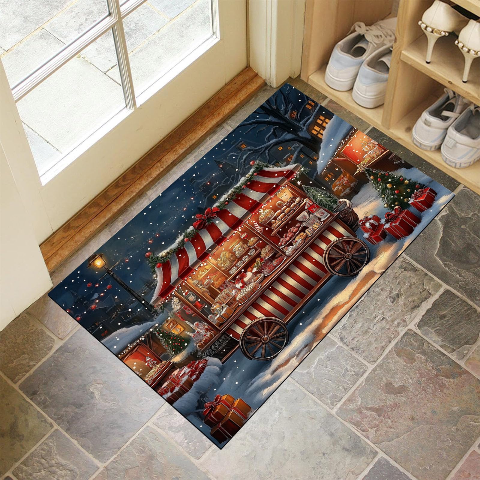 Felpudo de Entrada Casa Cochecito Navideño 60x120cm Alfombra Exterior para Puerta Impermeable, Lavabl Alfombrilla Comida Navideña Antideslizante para Recibidor, Pasillo, Cocina - Rojo