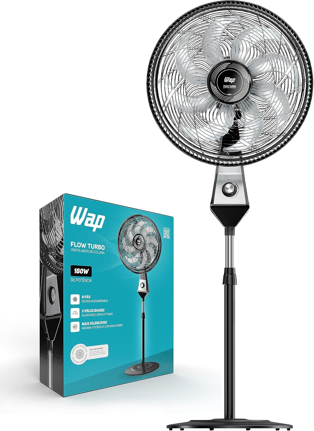 WAP Ventilador de Coluna 50cm FLOW TURBO, com Tecnologia Silenciosa e Econômica, 8 Pás e 3 Velocidades, 180W 220V