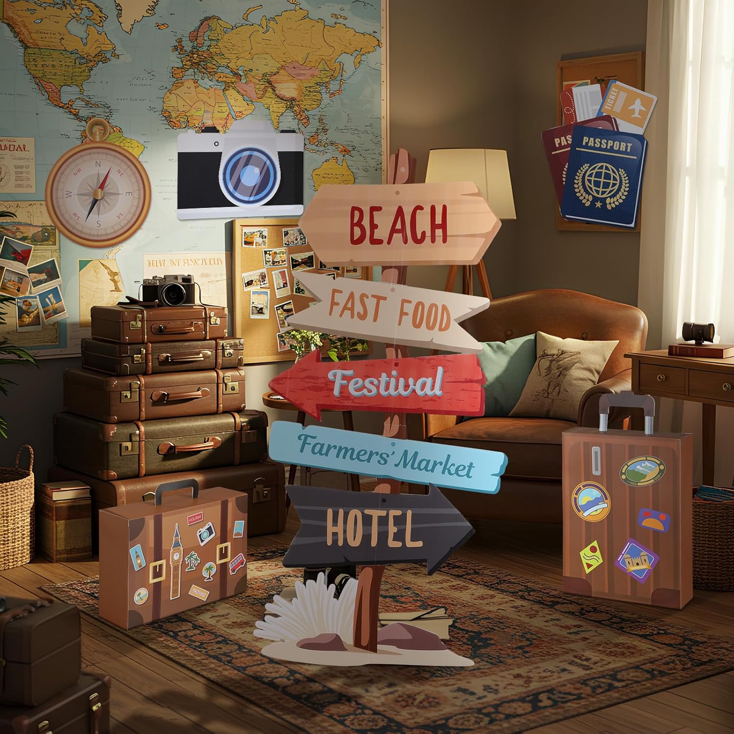 Tenceur 6 Pieces Travel Party Decorations 47.2 Inch Adventure Cutout Stand Travel Around The World Signs Cardboard Suitcase Box Compass Passport Camera Sign for Photo Booth Props Party Supplies
