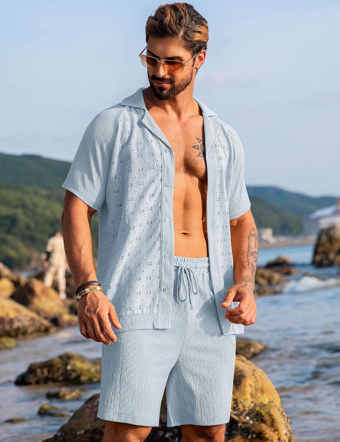 URRU Men's 2 Piece Short Set Beach Vacation Outfits Casual Summer Short Sleeve Button Down Shirt and Shorts Set - Image 4