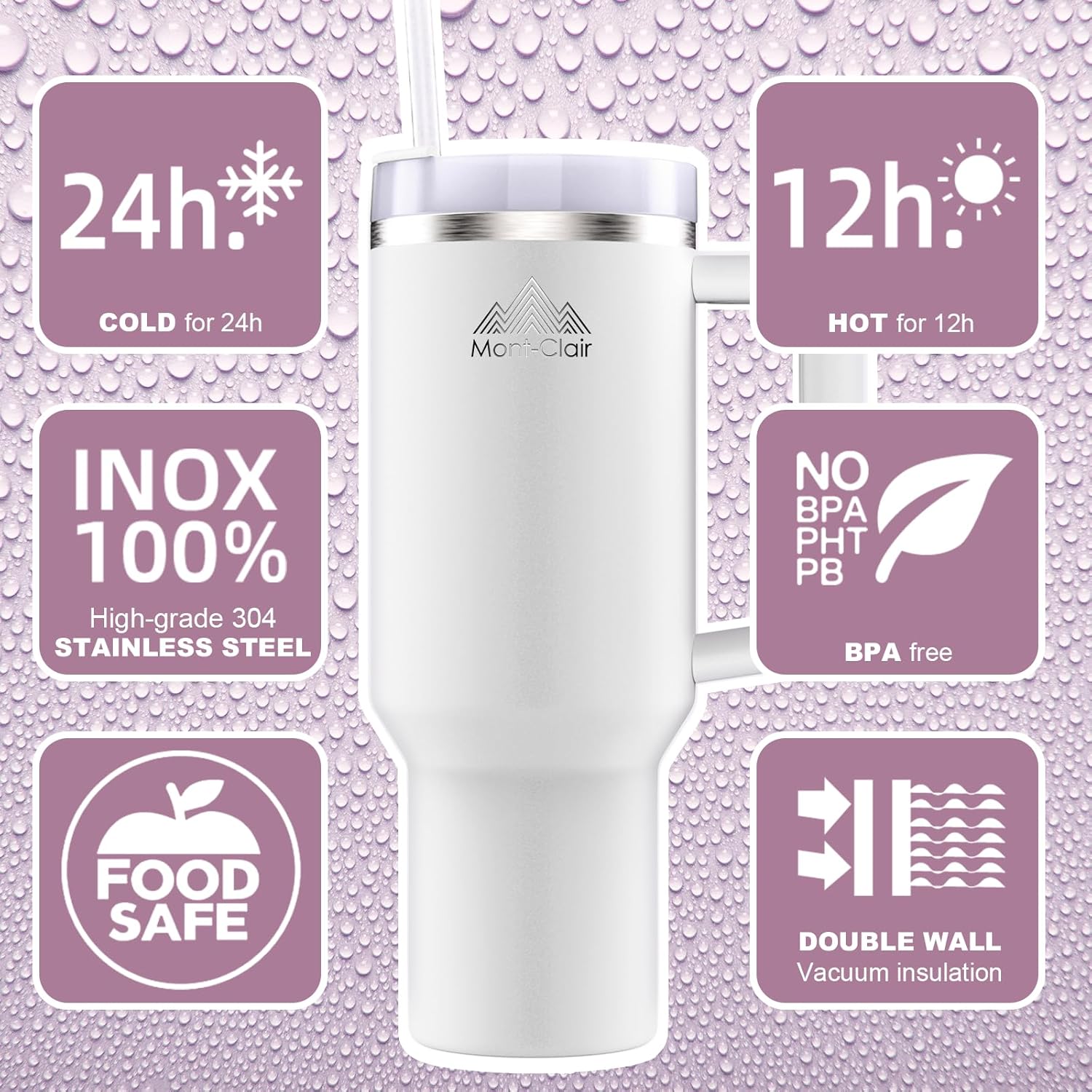 Mont-Clair 40oz Tumbler with Straw and Lid - Insulated Stainless Steel Travel Mug with Handle - Travel Mug - Hot & Cold Drinks - Cold or Hot for 10 hours - Iced for 48 hours - 1200ml - Frost - Image 2