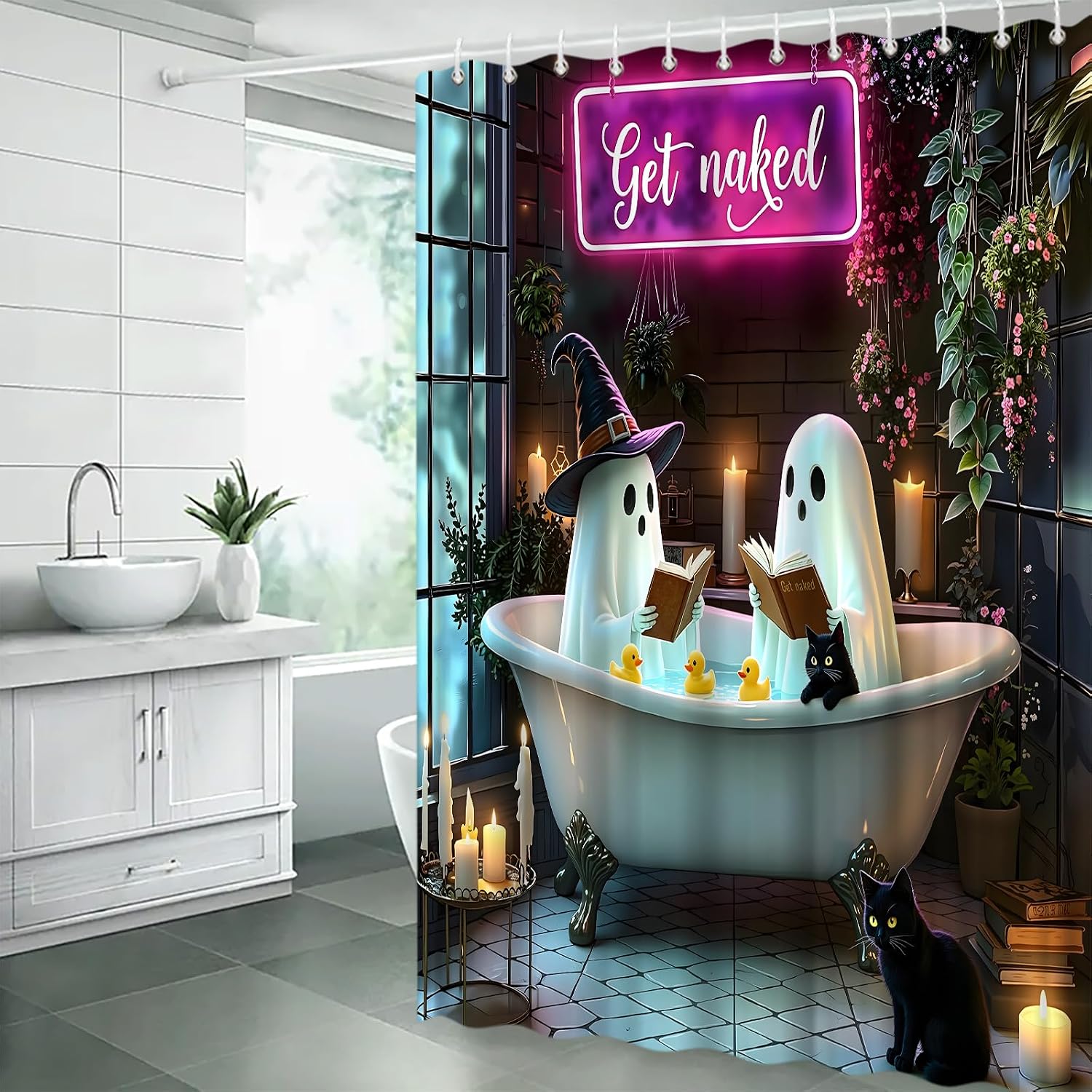 Spooky Halloween Shower Curtain Set,Gothic Bathroom Decor Curtain image 5