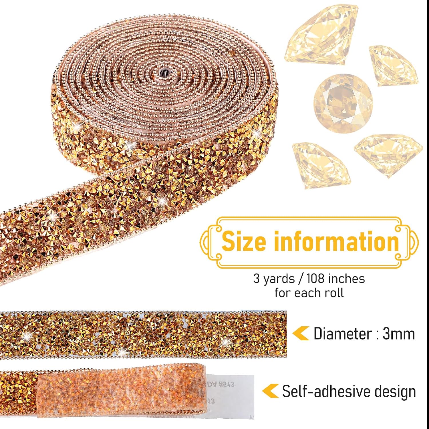 Hicarer 3 Yards Resin Rhinestone Ribbons for Graduation Cap Decorations Wedding Self Adhesive Glitter Resin Diamond Crystal Ribbon Craft DIY Bag Shoes Clothes(1 Inch,Gold)